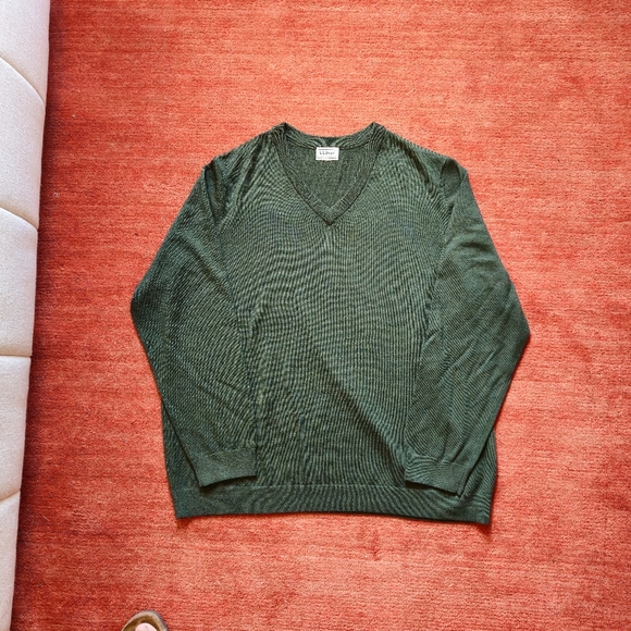 LL Bean Men's Size XL Pullover Sweater Green 100% Merino Wool V Neck Sweater - Picture 1 of 10